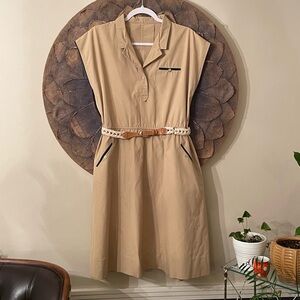 Vintage Khaki Popover Dress with Navy Blue Trim